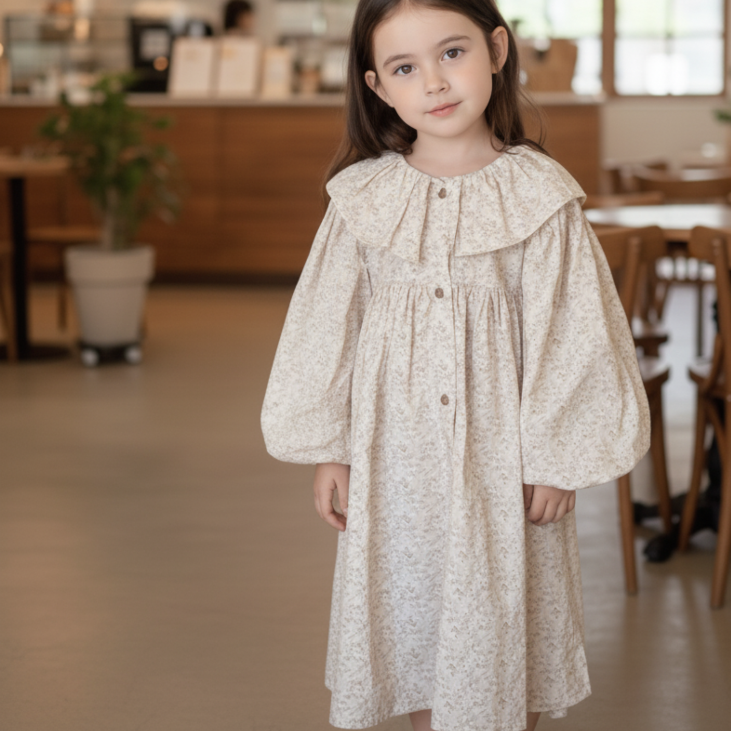 CHÉRUBI Blossom Collar Dress – Ivory Floral Cotton Blend Dress for Kids