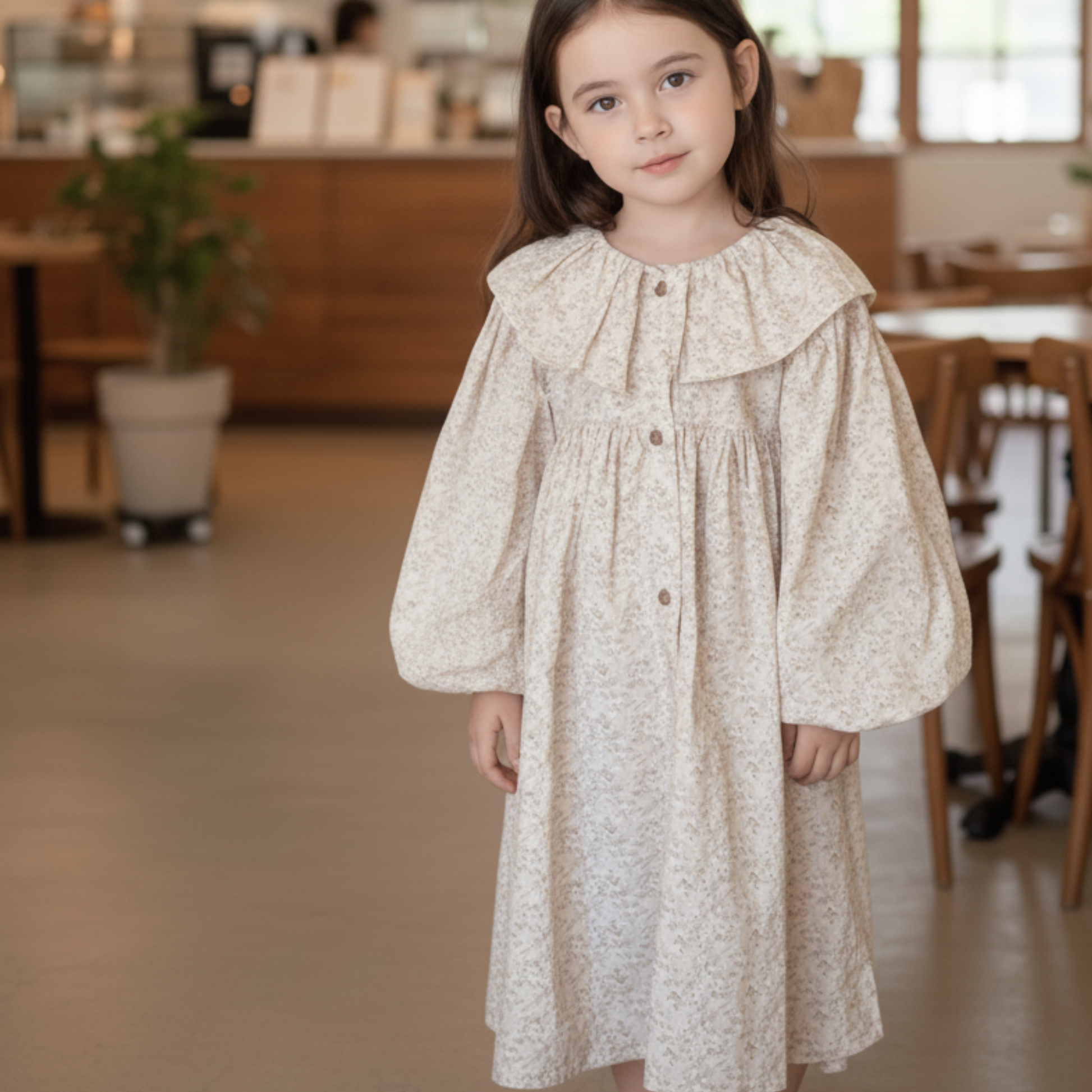 CHÉRUBI Blossom Collar Dress – Ivory Floral Cotton Blend Dress for Kids