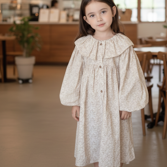 CHÉRUBI Blossom Collar Dress – Ivory Floral Cotton Blend Dress for Kids