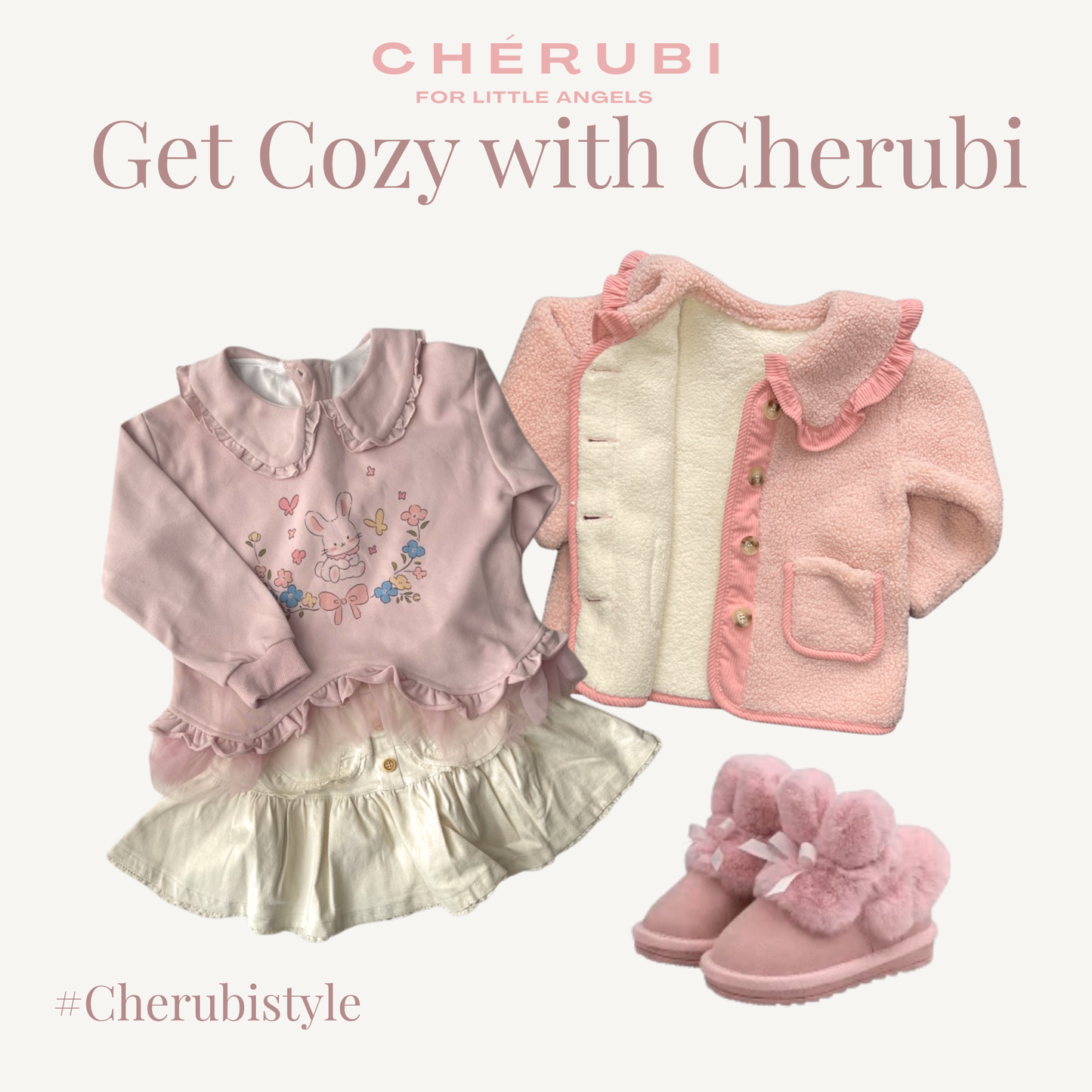 Bunny Frill Sweatshirt in cream and pink with ruffle collar, layered hem, and cute bunny graphic print — CHÉRUBI Kidswear.