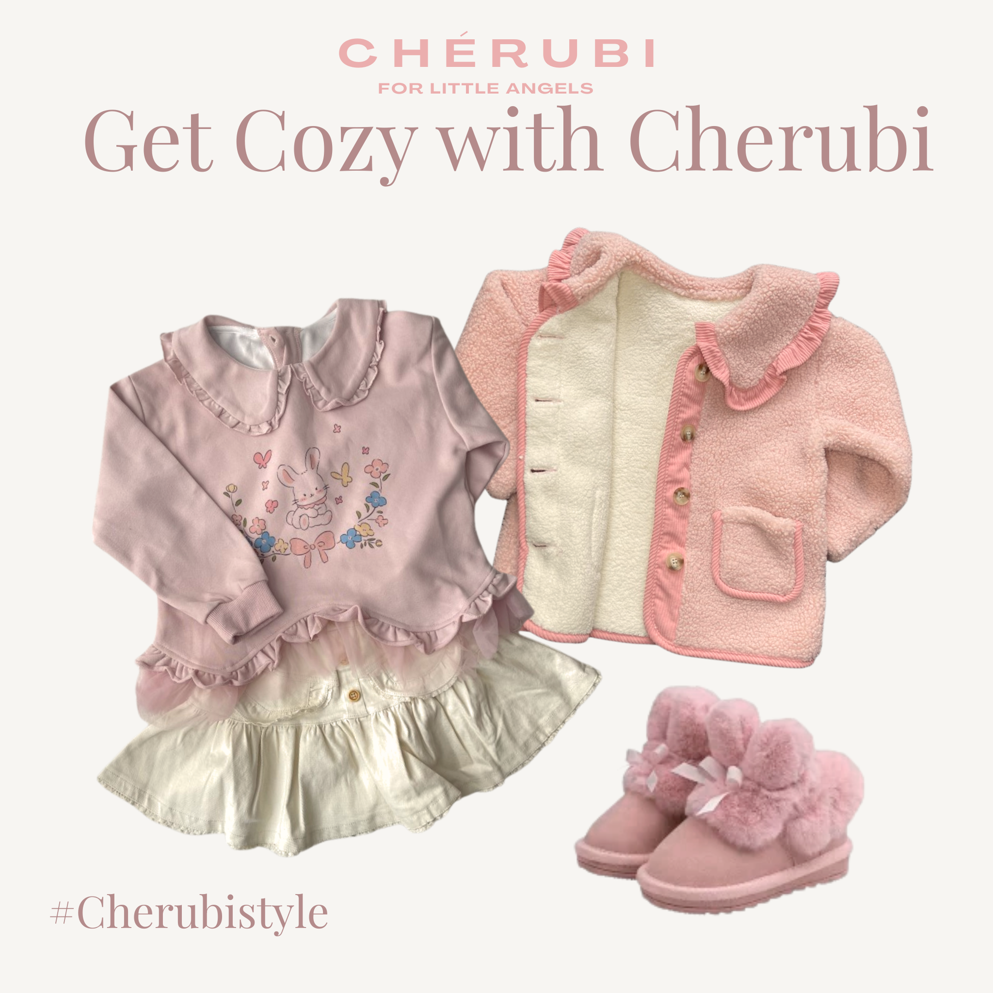 Bunny Frill Sweatshirt in cream and pink with ruffle collar, layered hem, and cute bunny graphic print — CHÉRUBI Kidswear.