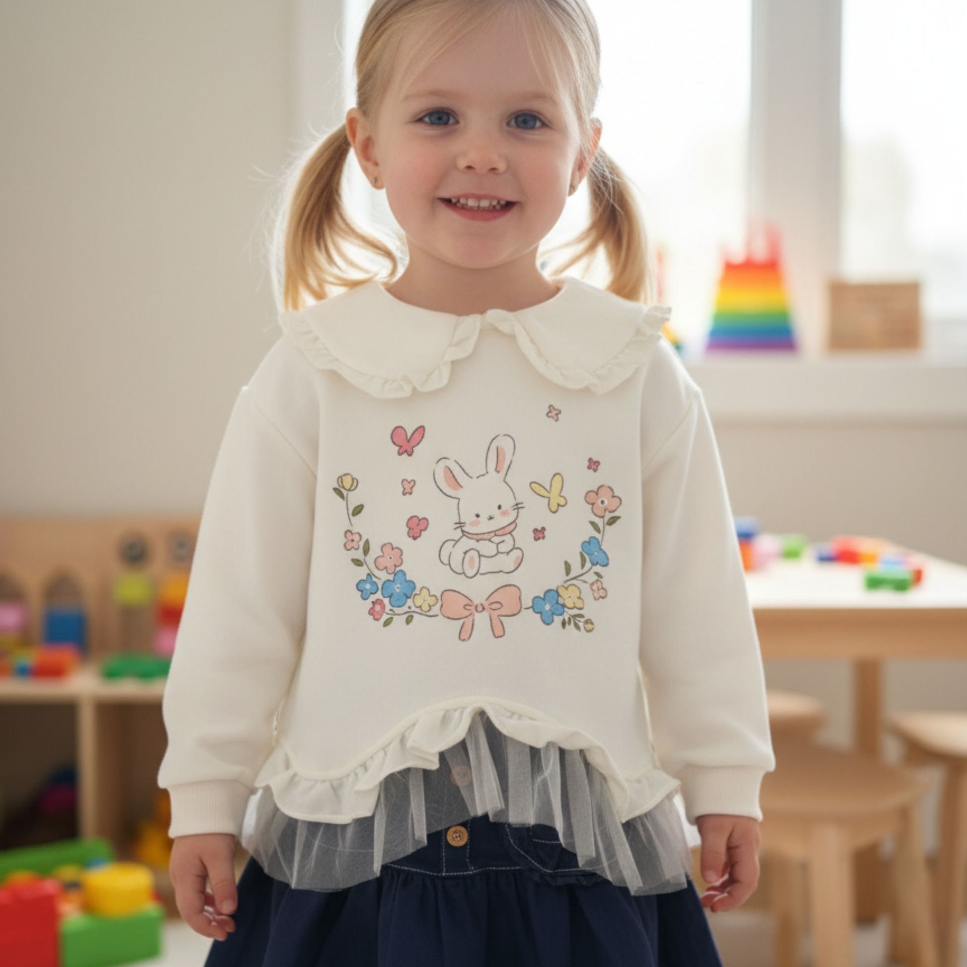 Bunny Frill Sweatshirt in cream and pink with ruffle collar, layered hem, and cute bunny graphic print — CHÉRUBI Kidswear.