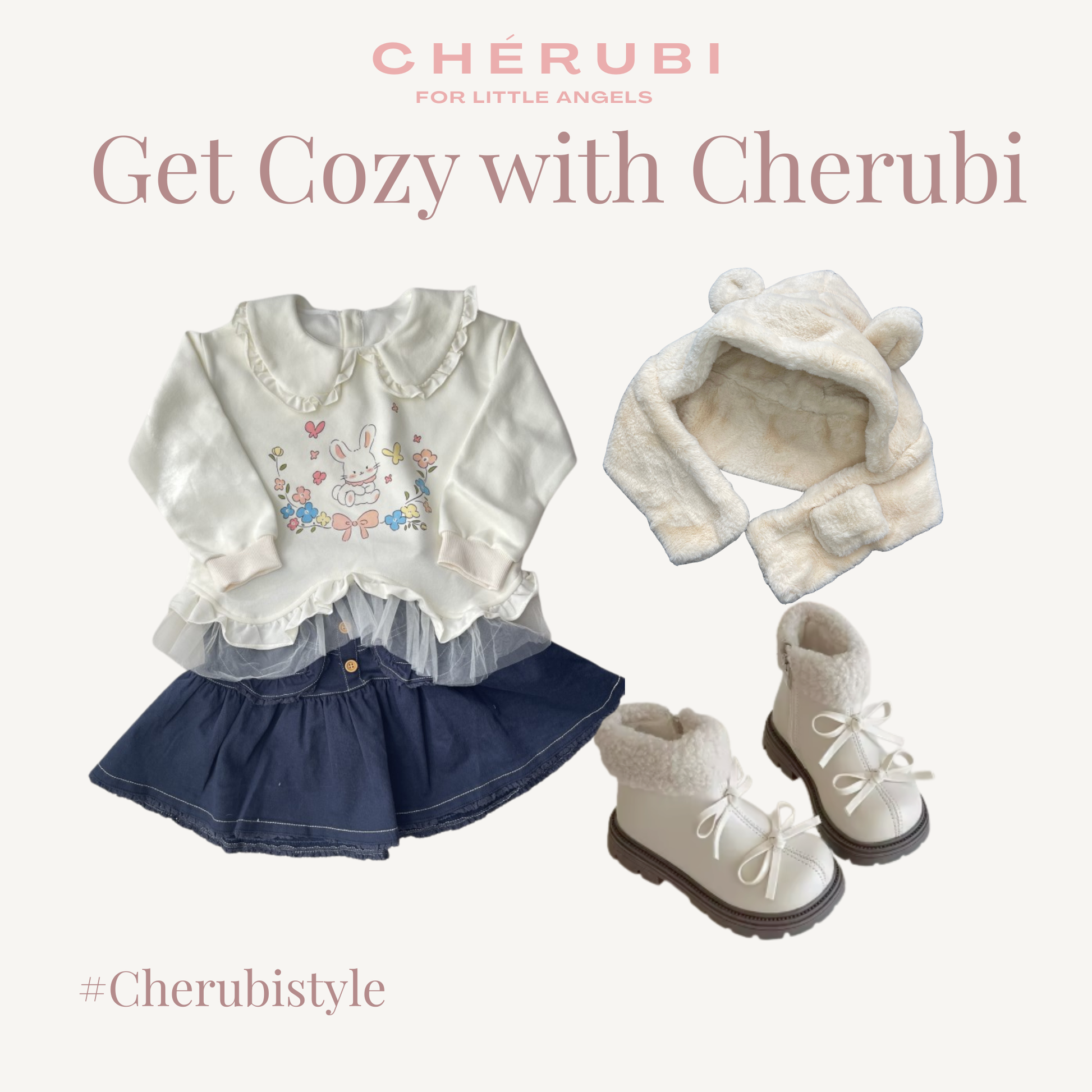 Kids denim skirt in cream and navy with soft flare silhouette and elastic waistband — CHÉRUBI Kidswear.