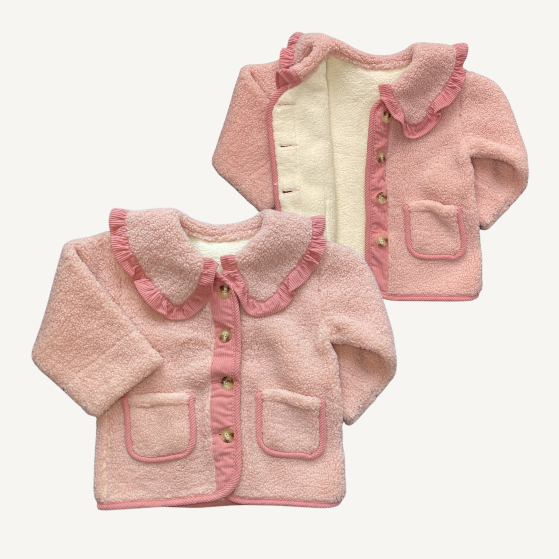 Sweet Frill Teddy Jacket in blush pink with ruffle collar