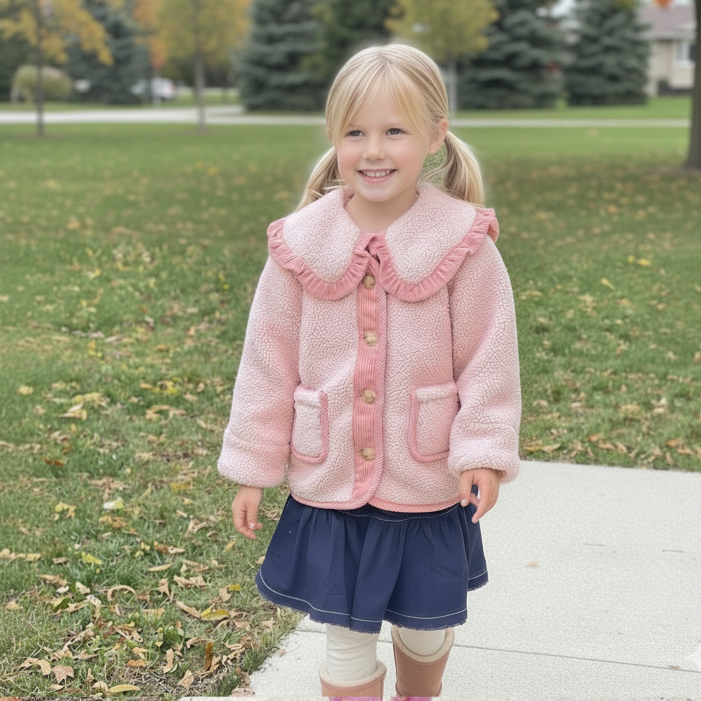 Soft fleece girls’ teddy jacket with buttons and pockets