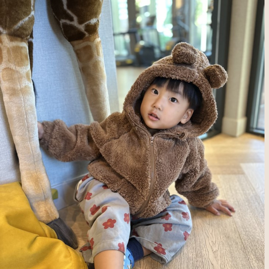 Bear ear fuzzy jacket for kids - cozy brown sherpa coat