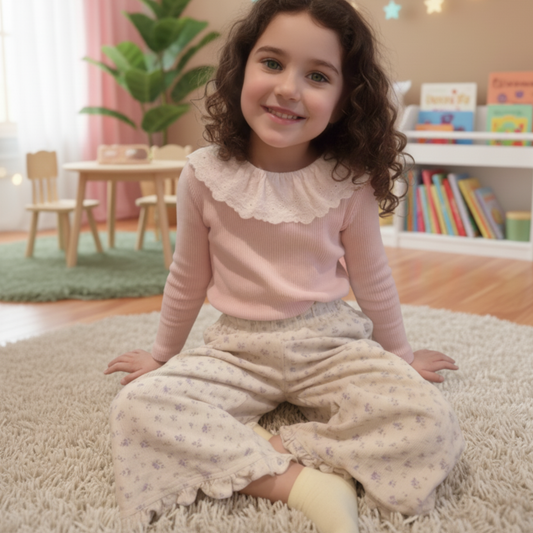 Lace Collar Ribbed Knit Top for Girls